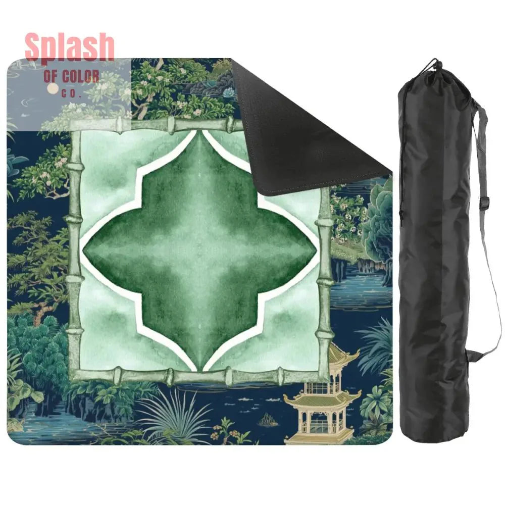 Asian Chinoiserie Tranquil Zen Pagoda Floral Mahjong Mat In Blue And Green