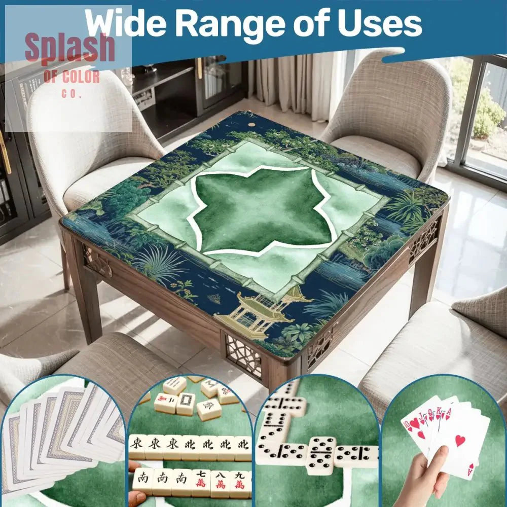 Asian Chinoiserie Tranquil Zen Pagoda Floral Mahjong Mat In Blue And Green