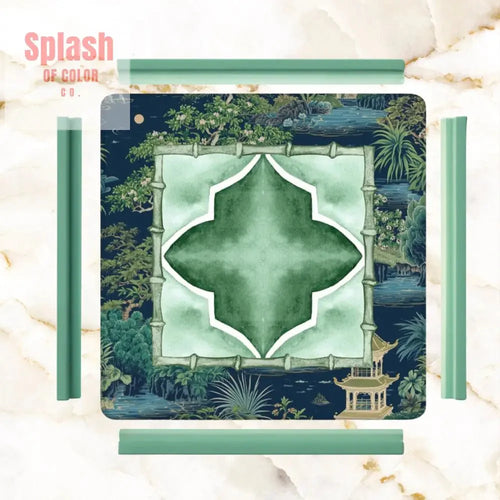 Asian Chinoiserie Tranquil Zen Pagoda Floral Mahjong Mat In Blue And Green