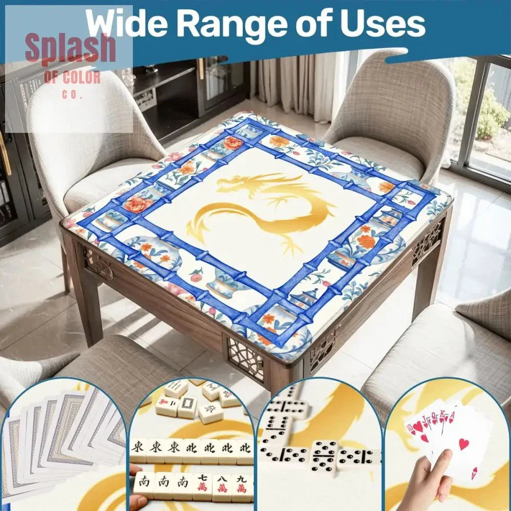 Asian Dragon Chinoiserie Designed Blue White, Mahjong Mat