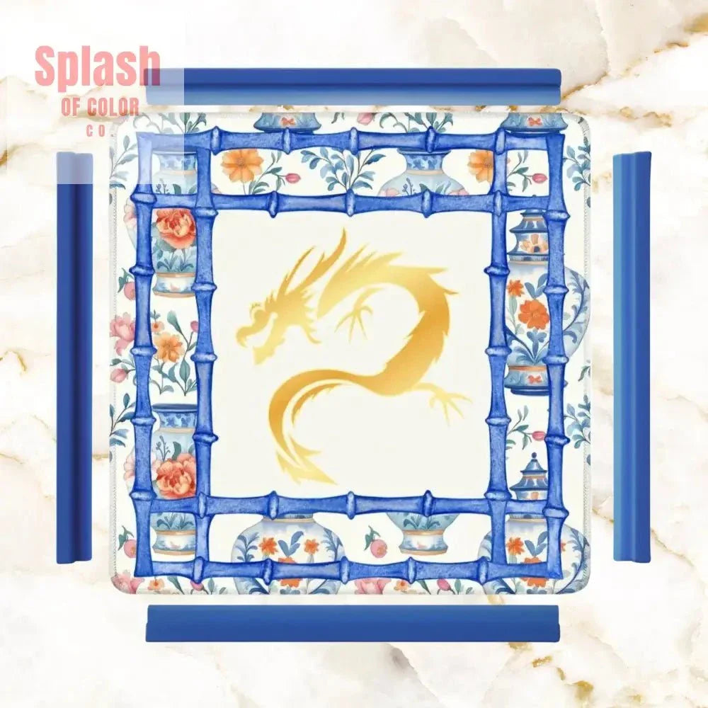 Asian Dragon Chinoiserie Designed Blue White, Mahjong Mat