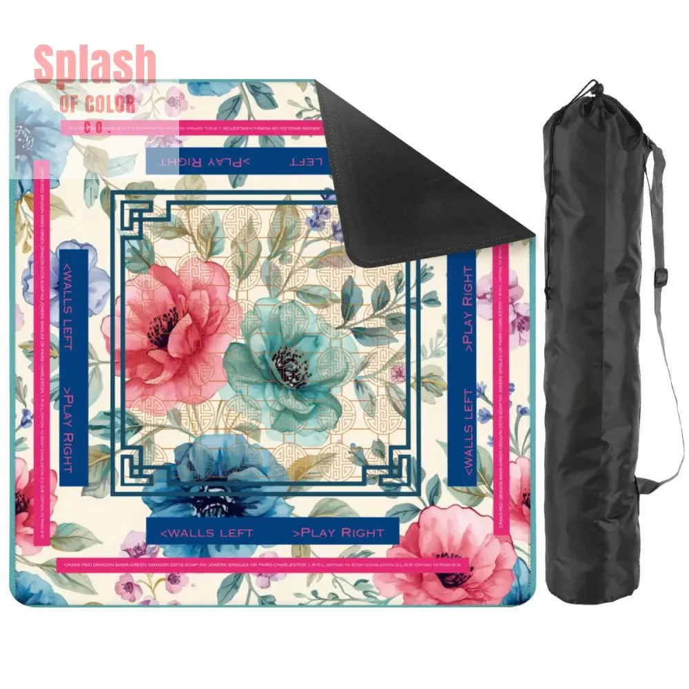 Asian Floral Mahjong Mat, Instructional Pink, Aqua, Blue Mahj Game Mat