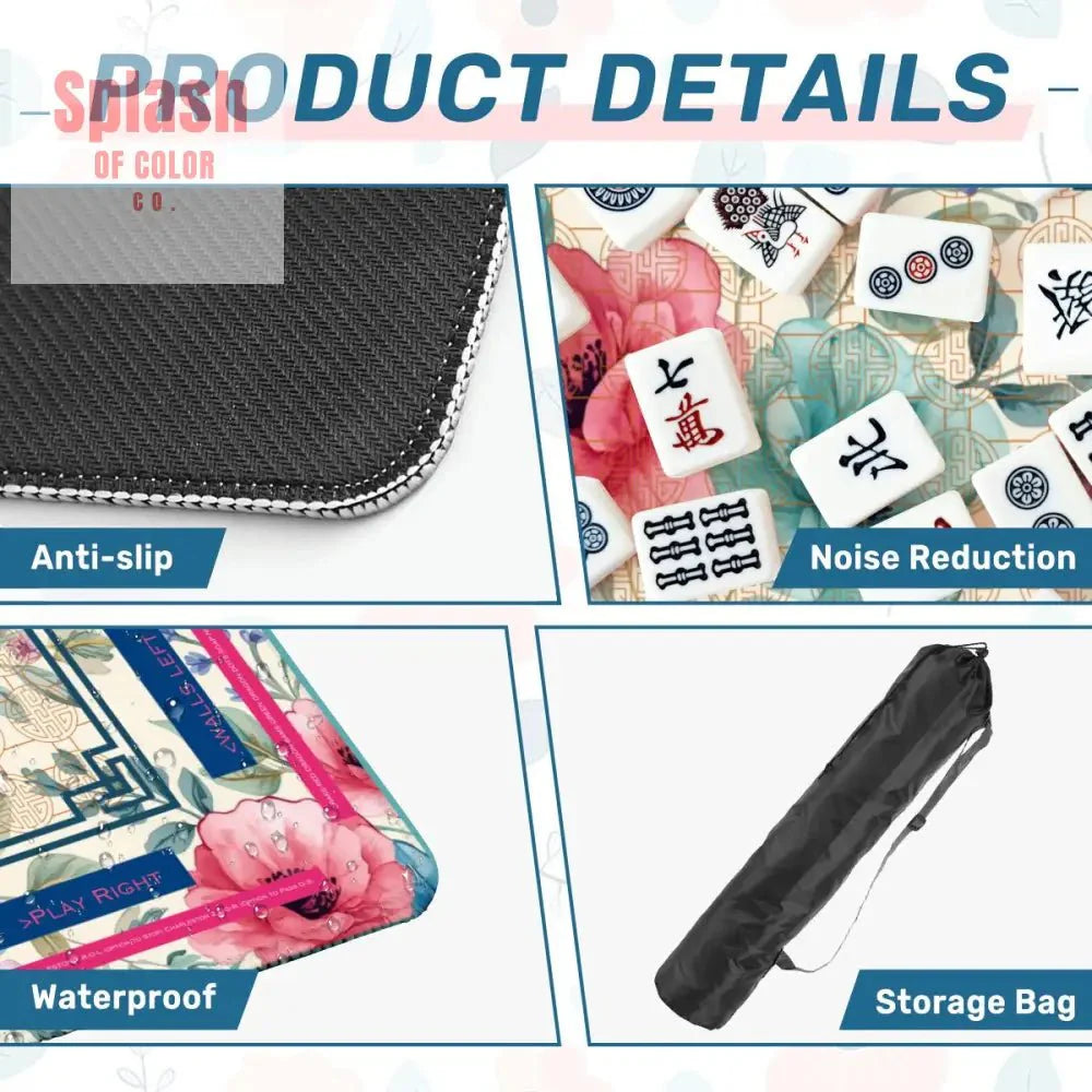 Asian Floral Mahjong Mat, Instructional Pink, Aqua, Blue Mahj Game Mat