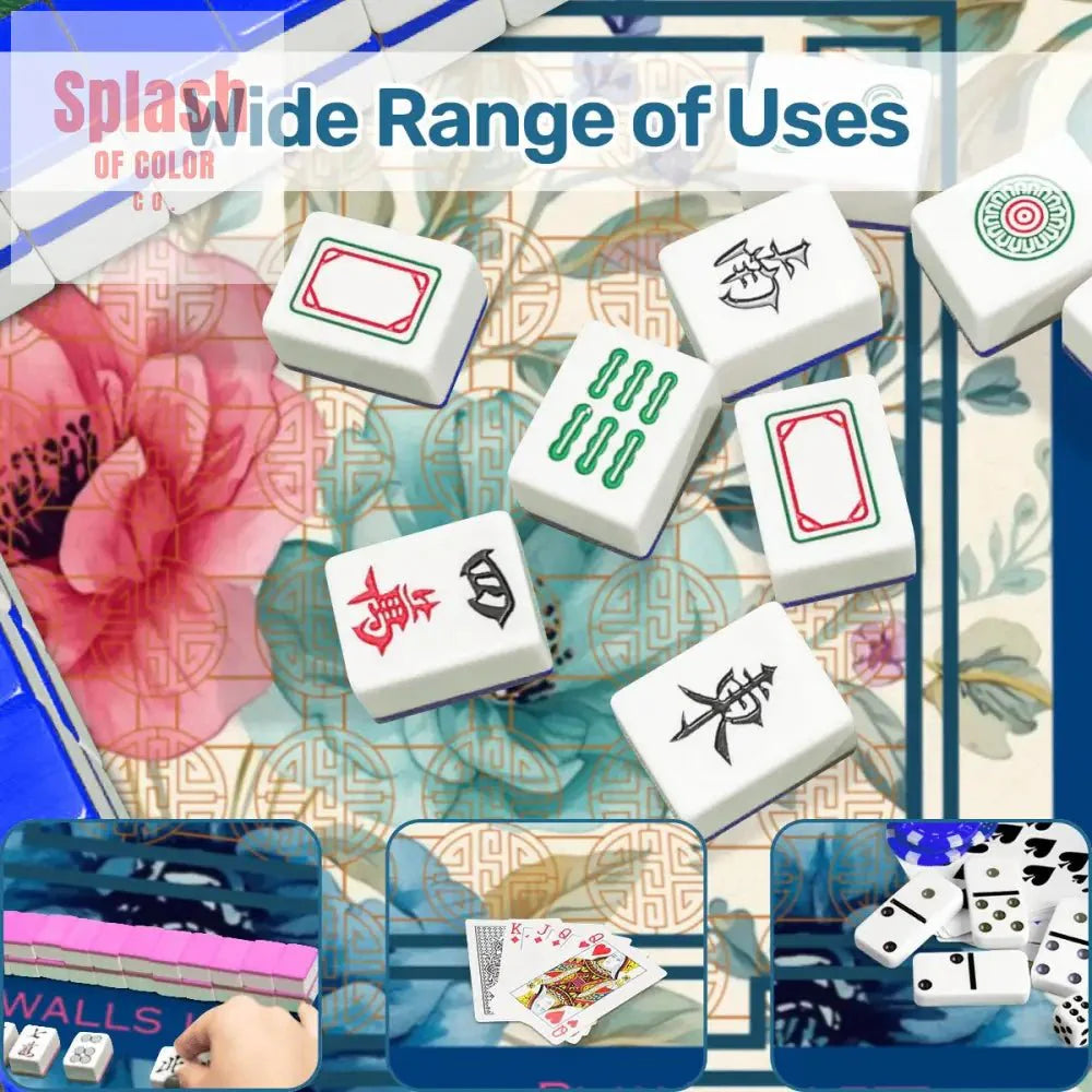 Asian Floral Mahjong Mat, Instructional Pink, Aqua, Blue Mahj Game Mat