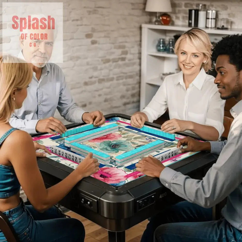 Asian Floral Mahjong Mat, Instructional Pink, Aqua, Blue Mahj Game Mat