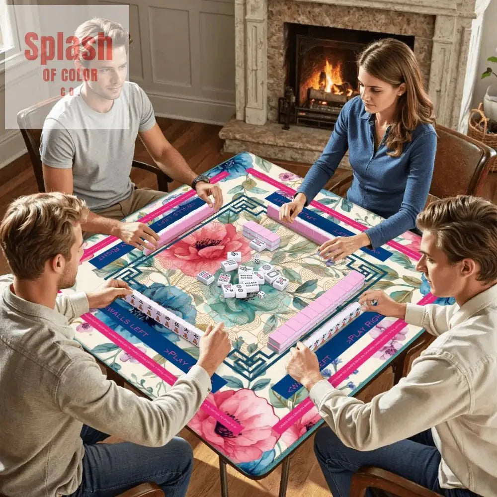 Asian Floral Mahjong Mat, Instructional Pink, Aqua, Blue Mahj Game Mat