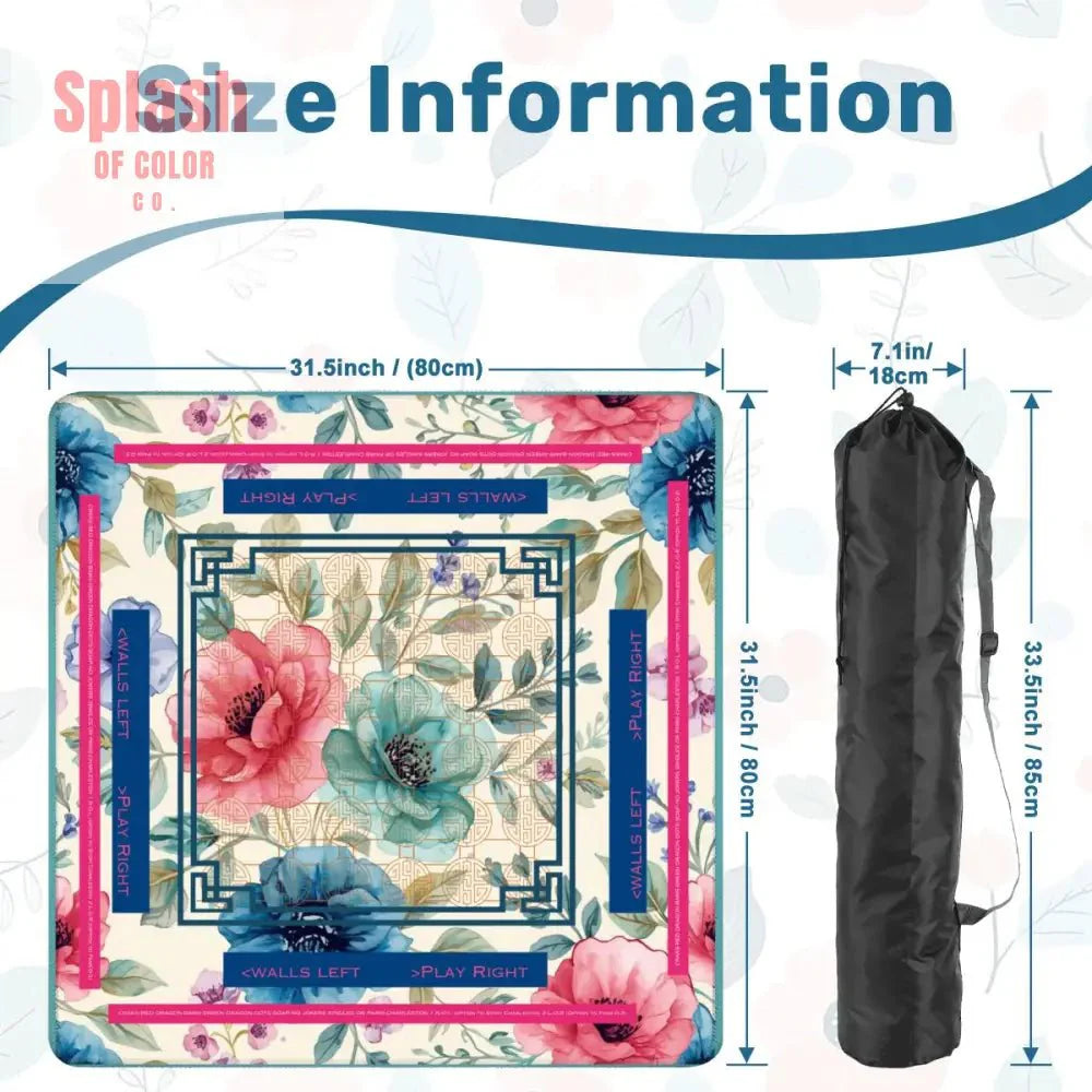 Asian Floral Mahjong Mat, Instructional Pink, Aqua, Blue Mahj Game Mat