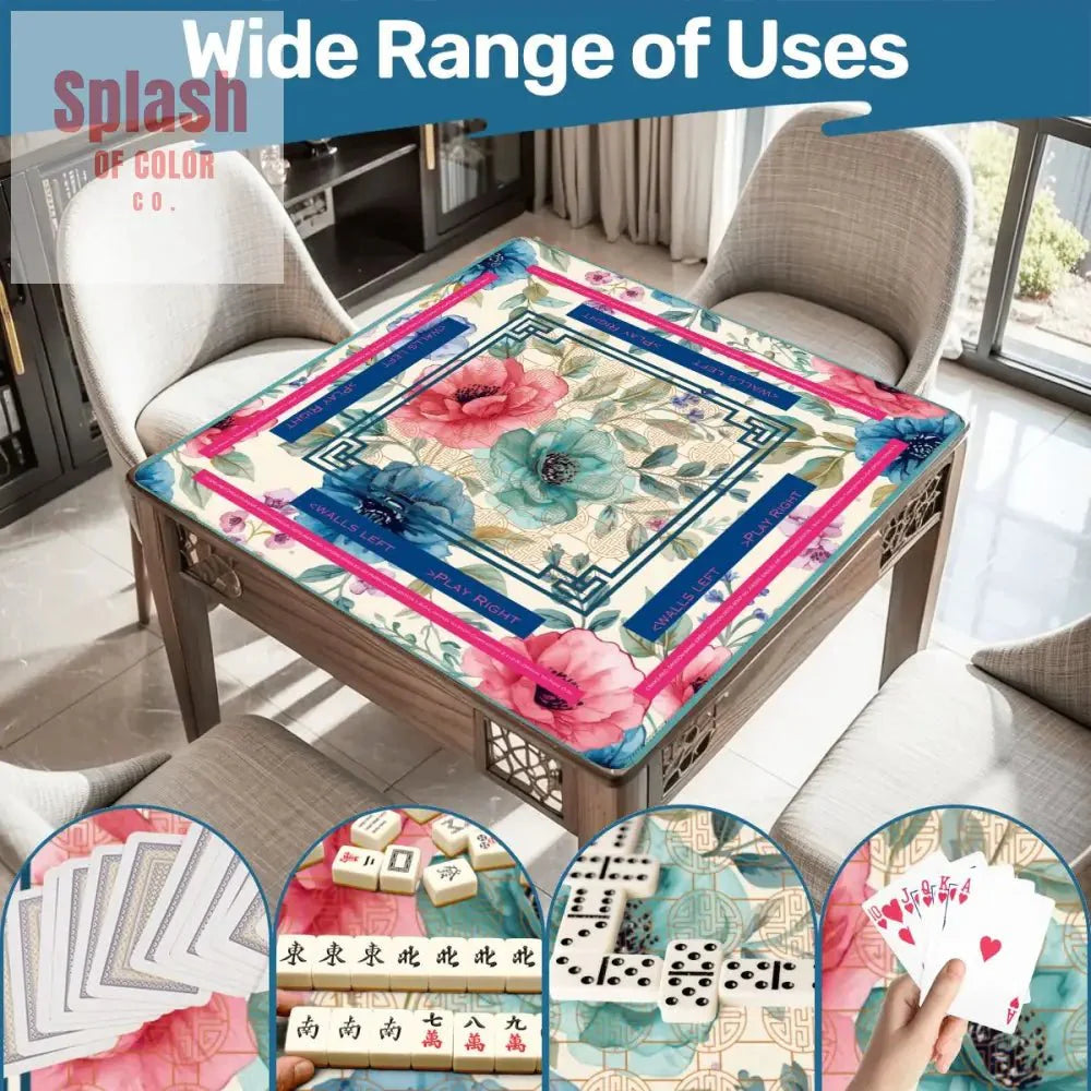 Asian Floral Mahjong Mat, Instructional Pink, Aqua, Blue Mahj Game Mat