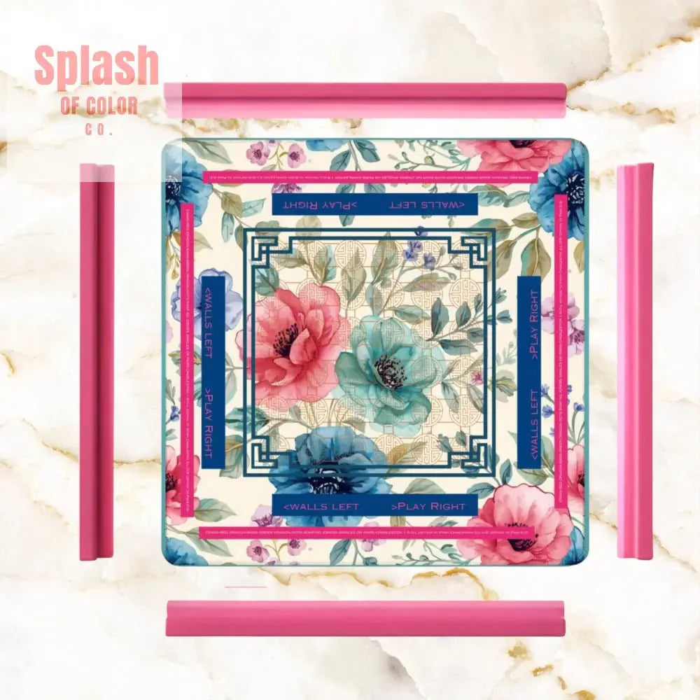 Asian Floral Mahjong Mat, Instructional Pink, Aqua, Blue Mahj Game Mat