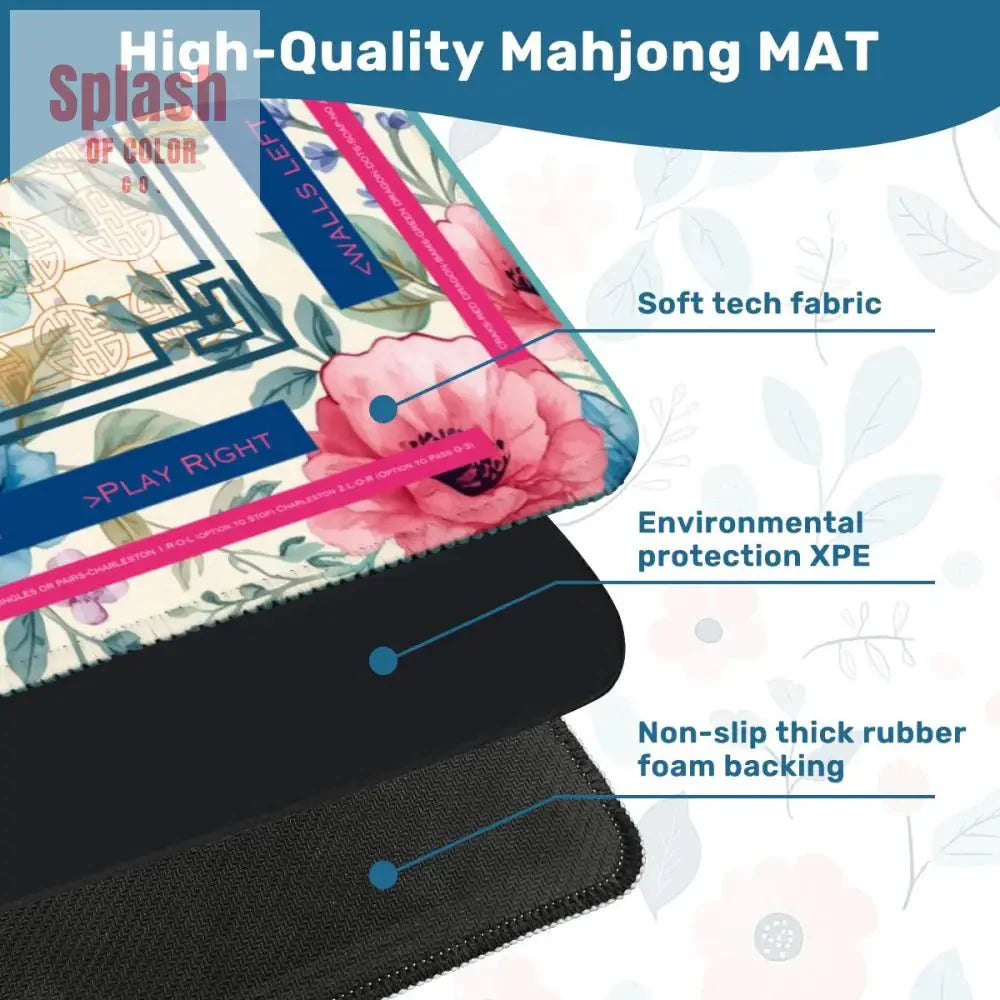 Asian Floral Mahjong Mat, Instructional Pink, Aqua, Blue Mahj Game Mat