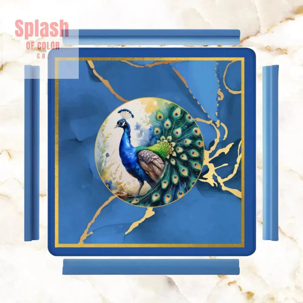 Asian Mahjong Mat Elegant Floral Watercolor Peacock, Blue Gold Marble Mahj Mat