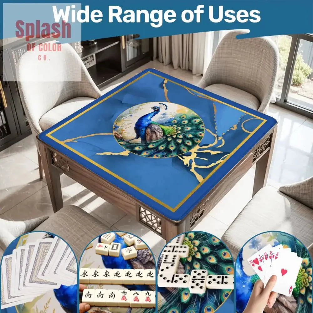 Asian Mahjong Mat Elegant Floral Watercolor Peacock, Blue Gold Marble Mahj Mat