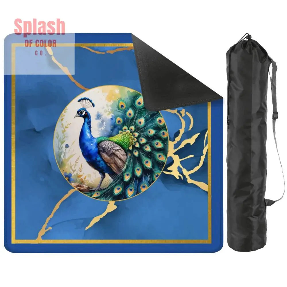 Asian Mahjong Mat Elegant Floral Watercolor Peacock, Blue Gold Marble Mahj Mat