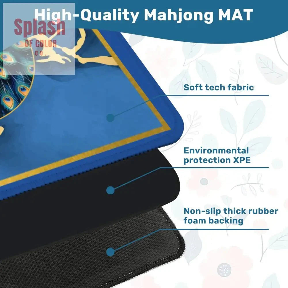 Asian Mahjong Mat Elegant Floral Watercolor Peacock, Blue Gold Marble Mahj Mat