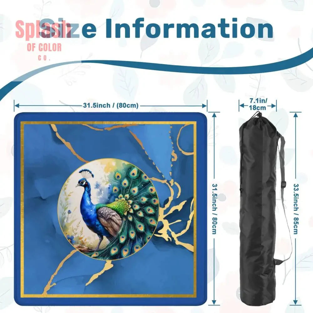 Asian Mahjong Mat Elegant Floral Watercolor Peacock, Blue Gold Marble Mahj Mat
