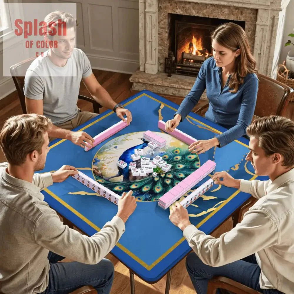 Asian Mahjong Mat Elegant Floral Watercolor Peacock, Blue Gold Marble Mahj Mat