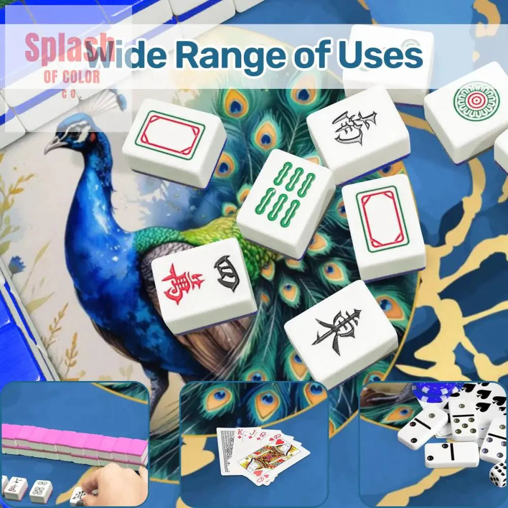 Asian Mahjong Mat Elegant Floral Watercolor Peacock, Blue Gold Marble Mahj Mat
