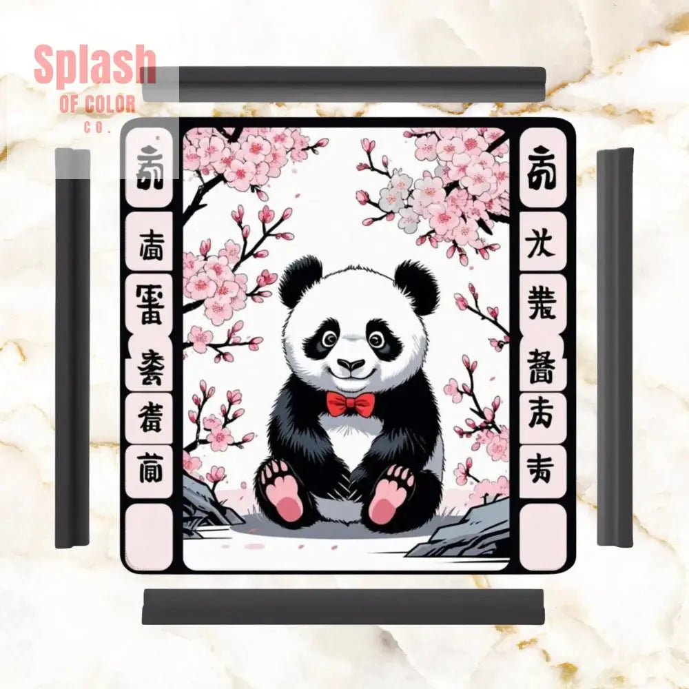 Asian Panda Bear Black Pink Cherry Blossom Mahjong Mat