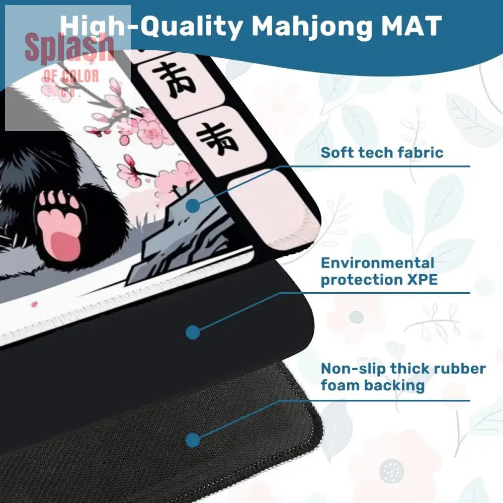 Asian Panda Bear Black Pink Cherry Blossom Mahjong Mat
