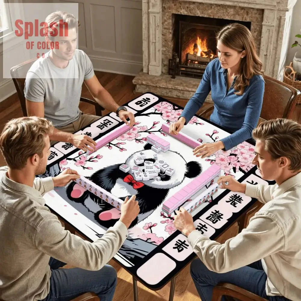 Asian Panda Bear Black Pink Cherry Blossom Mahjong Mat