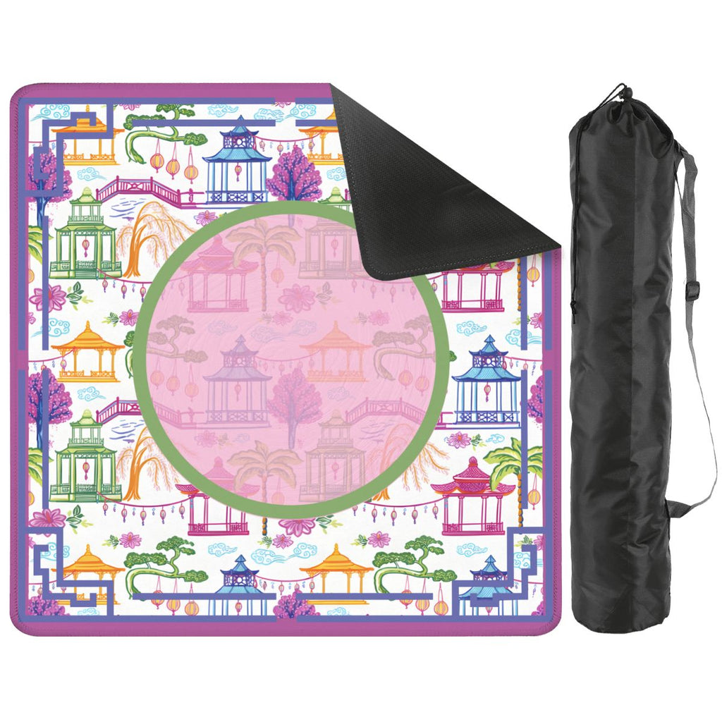 Asian Chinoiserie Gardens, Pagoda, Lantern Lavender And Blue Mahjong Mat