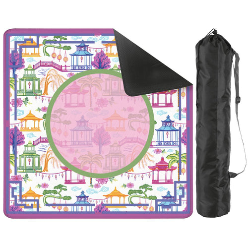 Asian Chinoiserie Gardens, Pagoda, Lantern Lavender And Blue Mahjong Mat