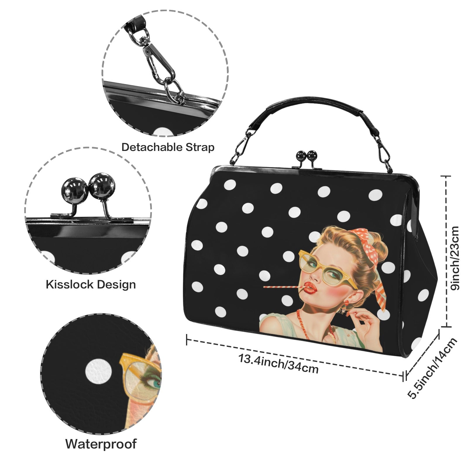 Trendy Black And White Polka Dot Nostalgic Sassy Girl Kisslock Handbag Kisslock Crossbody Shoulder Bag