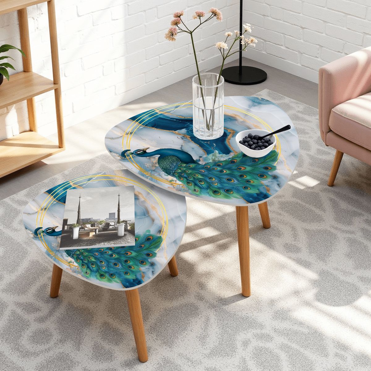 Elegant Peacock Blue Lagoon Modern Nesting Tables Set of 2