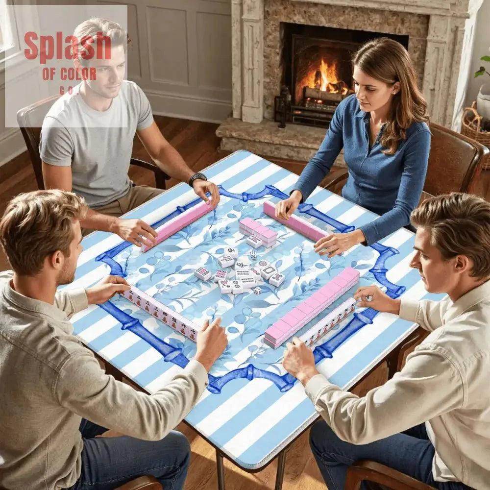 Blue And White Striped Preppy Floral Asian Chinoiserie Flower Border Mahjong Mat