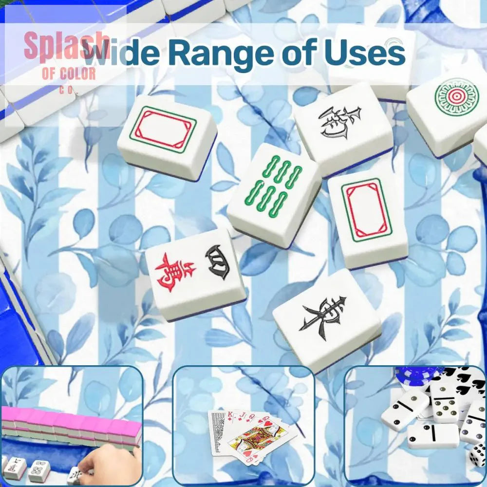 Blue And White Striped Preppy Floral Asian Chinoiserie Flower Border Mahjong Mat
