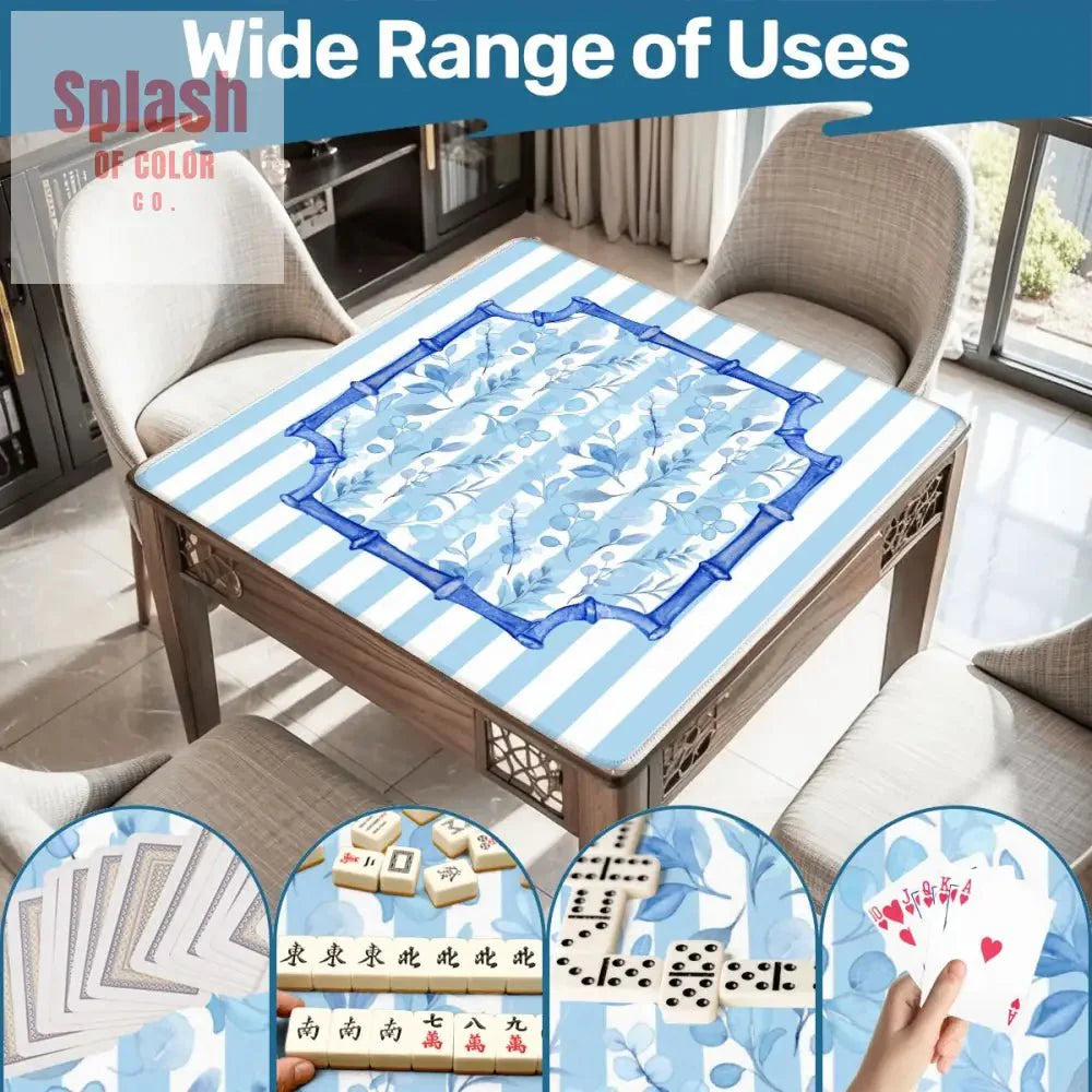 Blue And White Striped Preppy Floral Asian Chinoiserie Flower Border Mahjong Mat