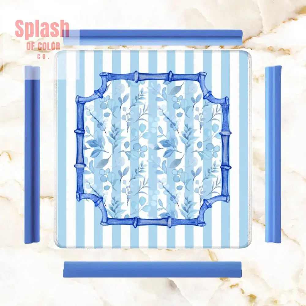 Blue And White Striped Preppy Floral Asian Chinoiserie Flower Border Mahjong Mat