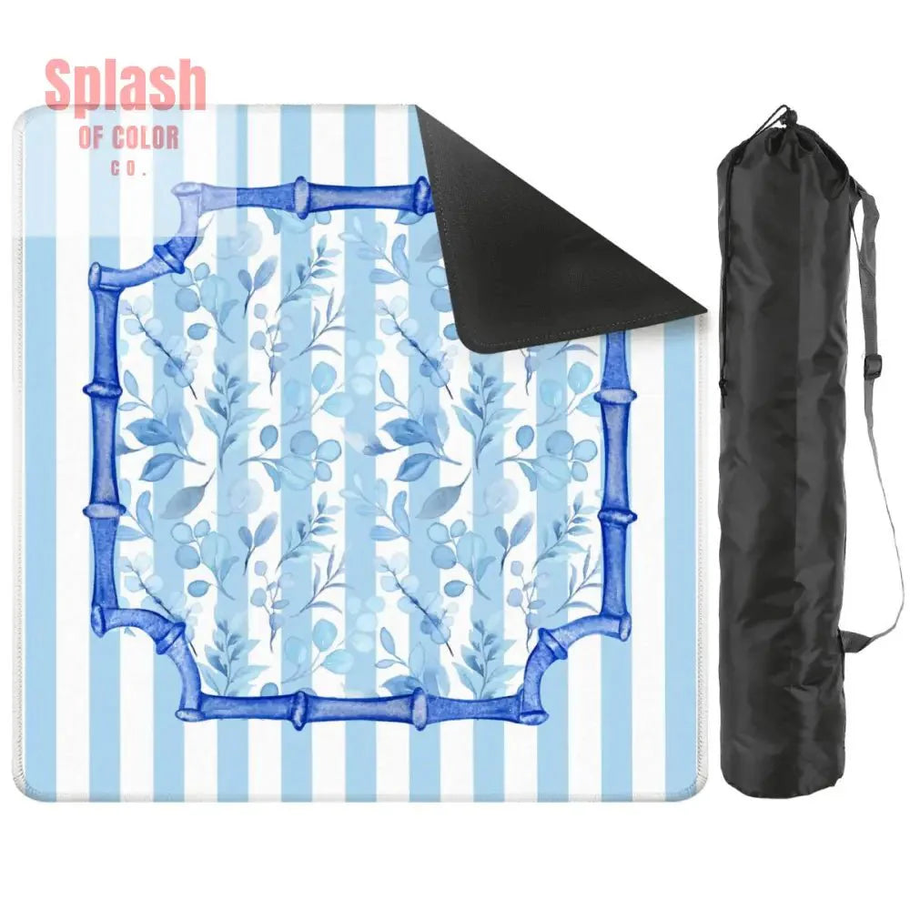 Blue And White Striped Preppy Floral Asian Chinoiserie Flower Border Mahjong Mat