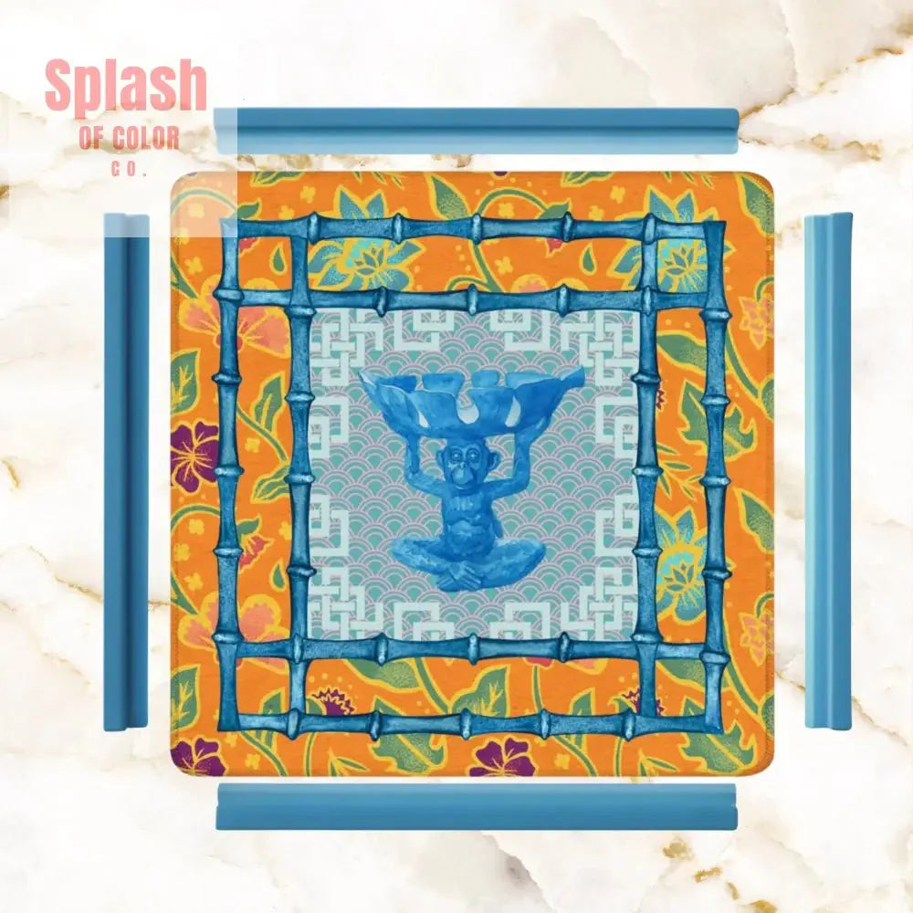 Blue, Orange Floral Monkey Chinoiserie Whimsical Mahjong Mat