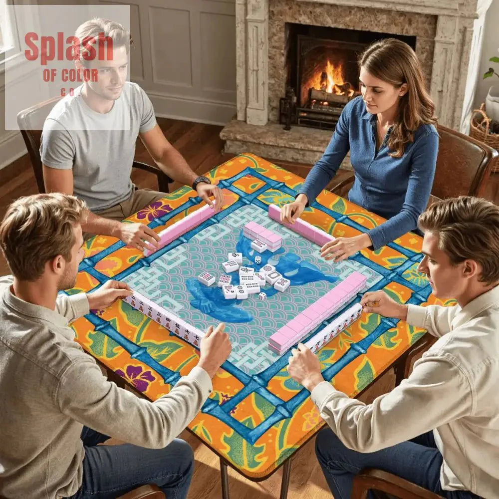Blue, Orange Floral Monkey Chinoiserie Whimsical Mahjong Mat