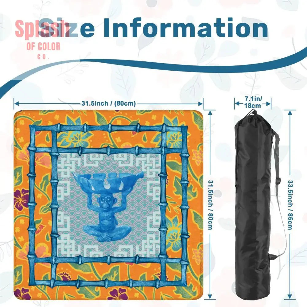 Blue, Orange Floral Monkey Chinoiserie Whimsical Mahjong Mat