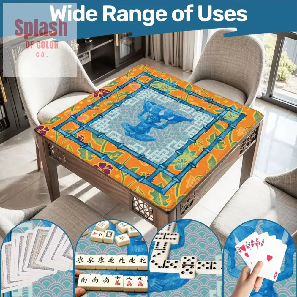 Blue, Orange Floral Monkey Chinoiserie Whimsical Mahjong Mat