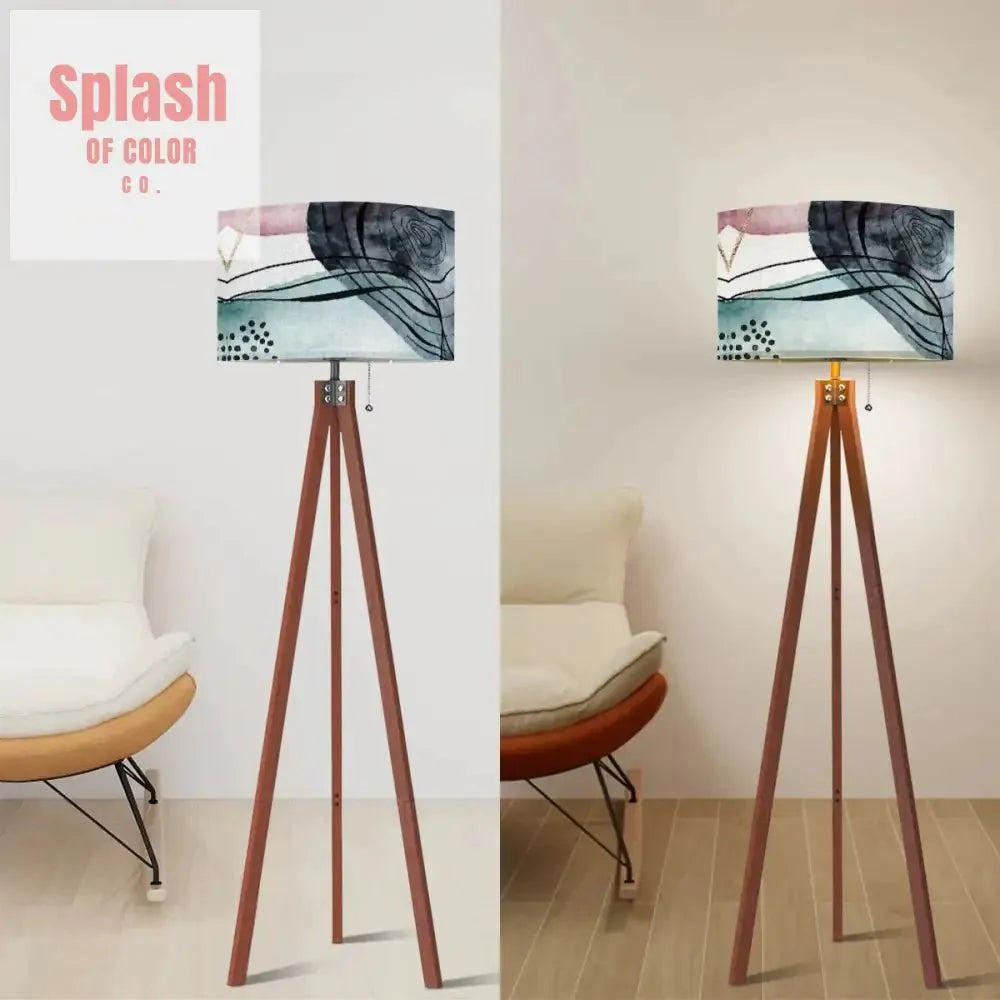 Bohemian Watercolor Blue, Blush Abstract Modern Tripod Floor Lamp
