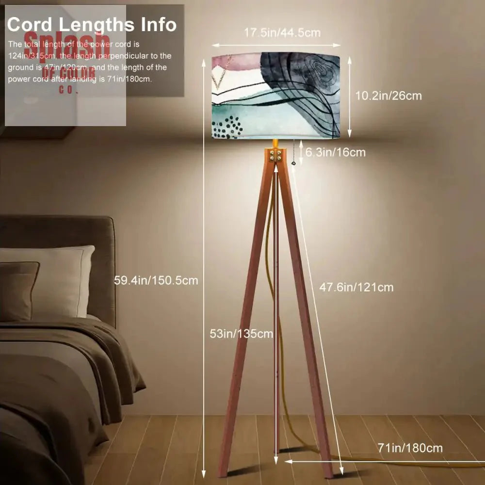 Bohemian Watercolor Blue, Blush Abstract Modern Tripod Floor Lamp