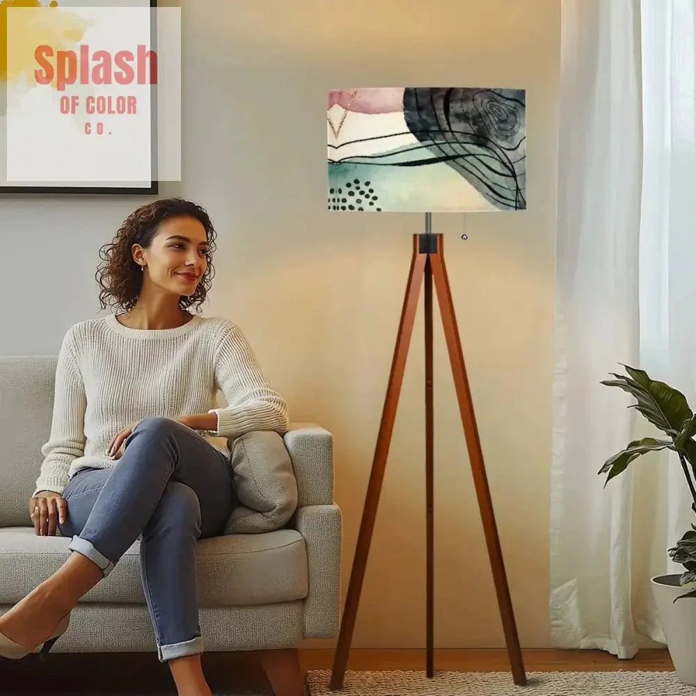 Bohemian Watercolor Blue, Blush Abstract Modern Tripod Floor Lamp