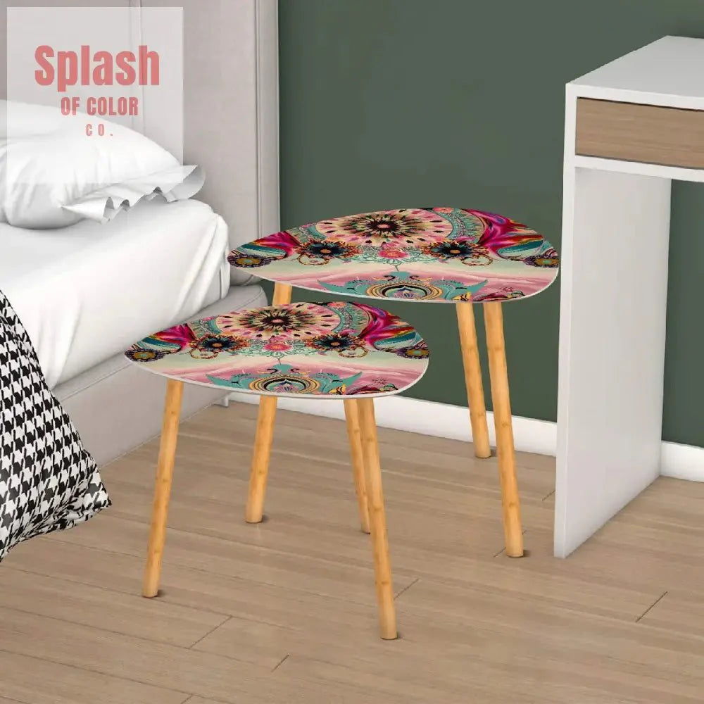 Bohemian Watercolor Bejeweled Tones Fusia Pink, Blue Boho Nesting Tables