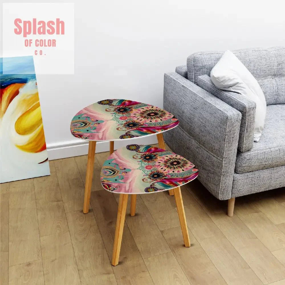 Bohemian Watercolor Bejeweled Tones Fusia Pink, Blue Boho Nesting Tables