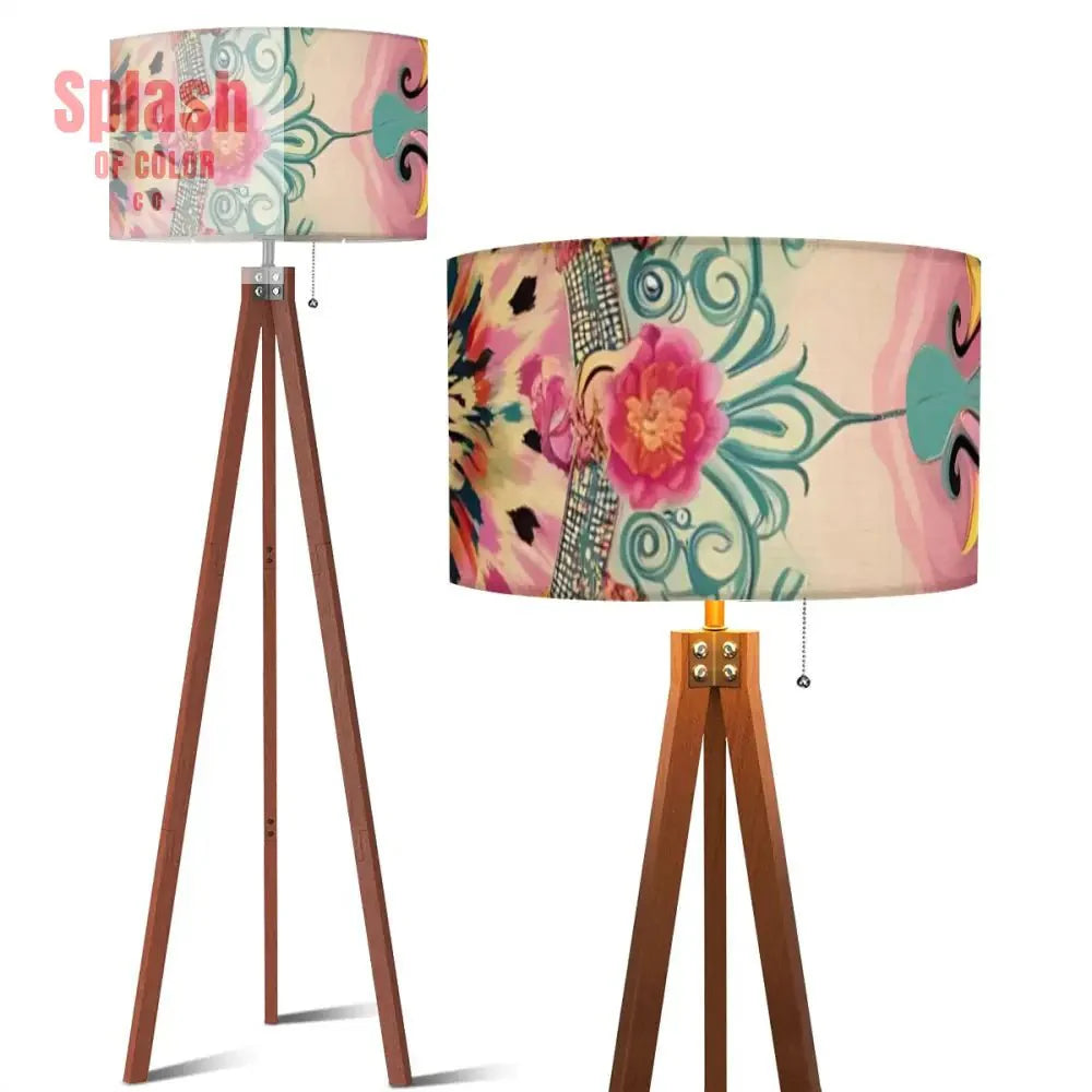 Bohemian Watercolor Pink Teal Floral Modern Tripod Floor Lamp