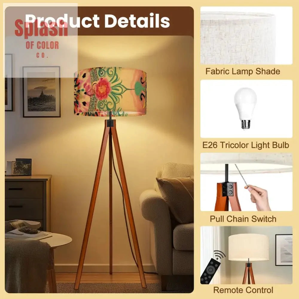Bohemian Watercolor Pink Teal Floral Modern Tripod Floor Lamp
