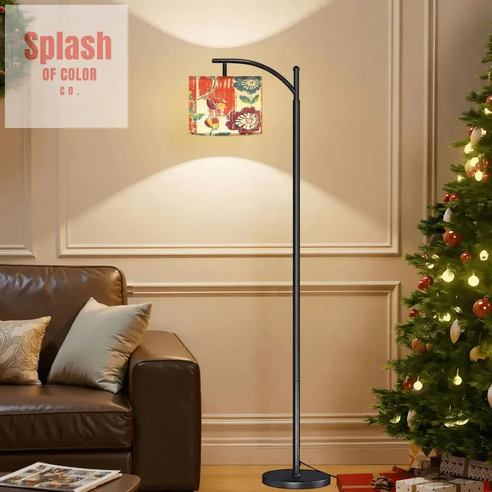 Boho Floral Heritage Modern Arc Floor Lamp, In Coral Blue And Green