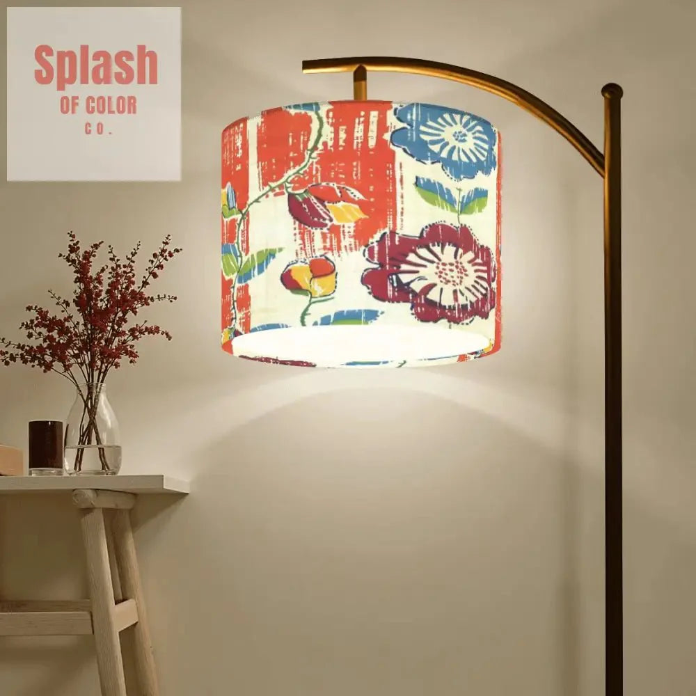 Boho Floral Heritage Modern Arc Floor Lamp, In Coral Blue And Green
