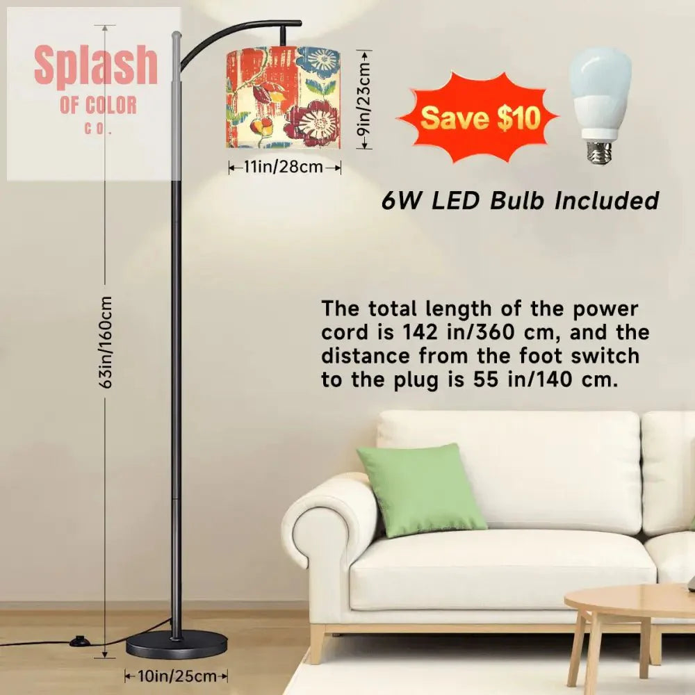 Boho Floral Heritage Modern Arc Floor Lamp, In Coral Blue And Green