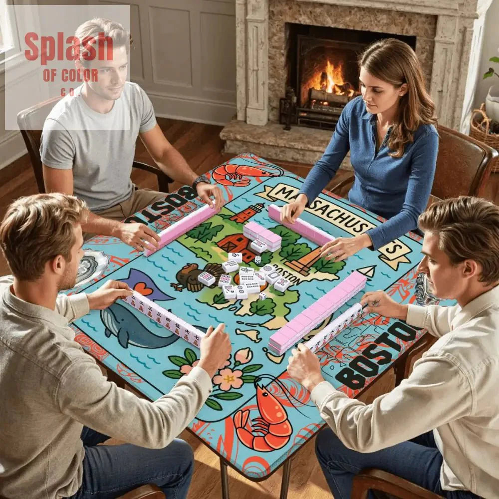 Boston Massachussets Mahjong Mat, Whimsical Playful Orange, Blue Motif