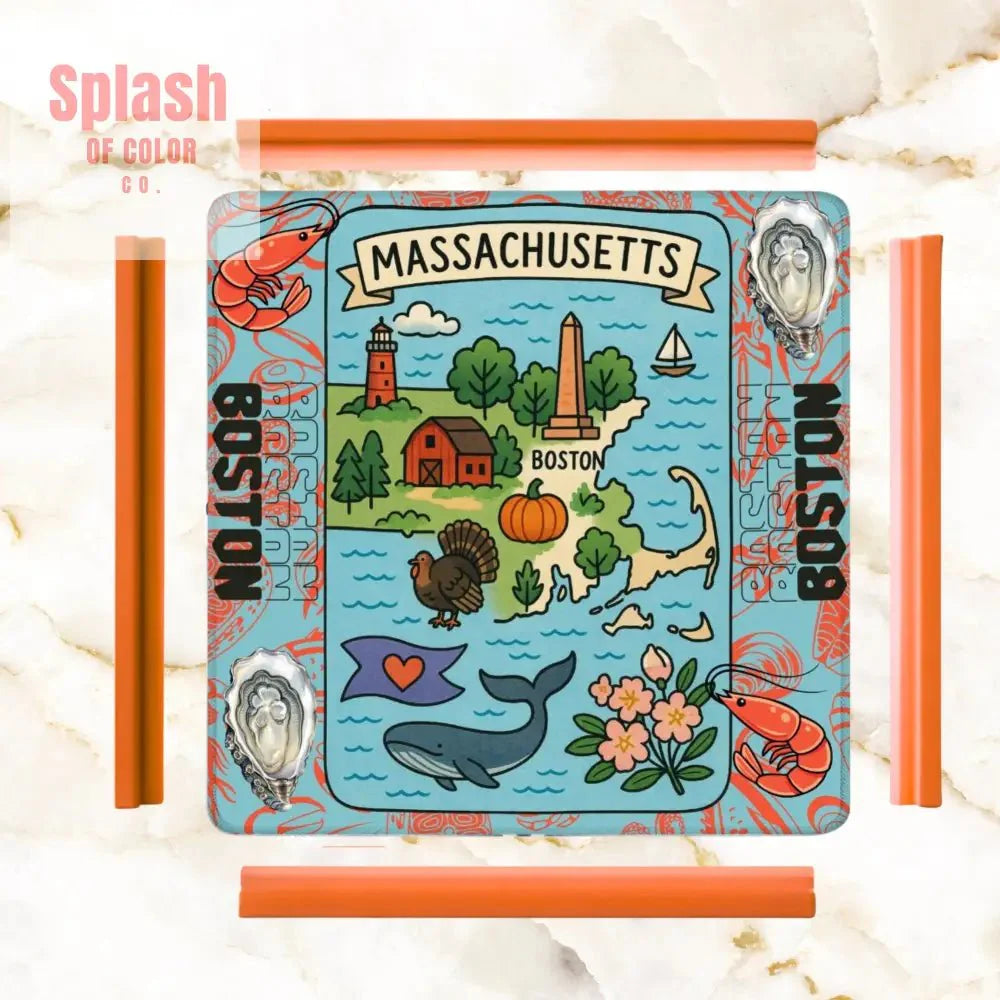 Boston Massachussets Mahjong Mat, Whimsical Playful Orange, Blue Motif