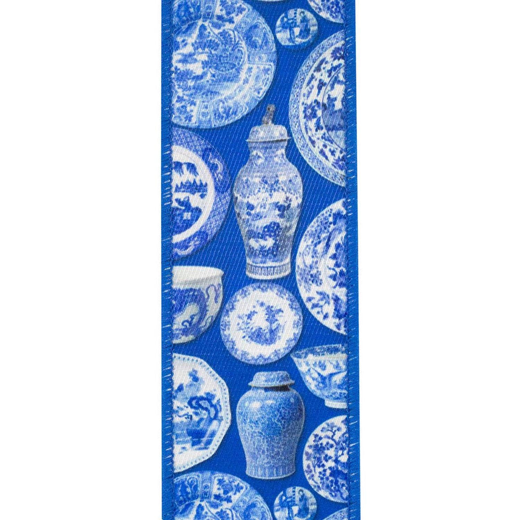 2.5in Terra Cotta Ceramics Chinoiserie Ribbon: Blue (10 Yards)